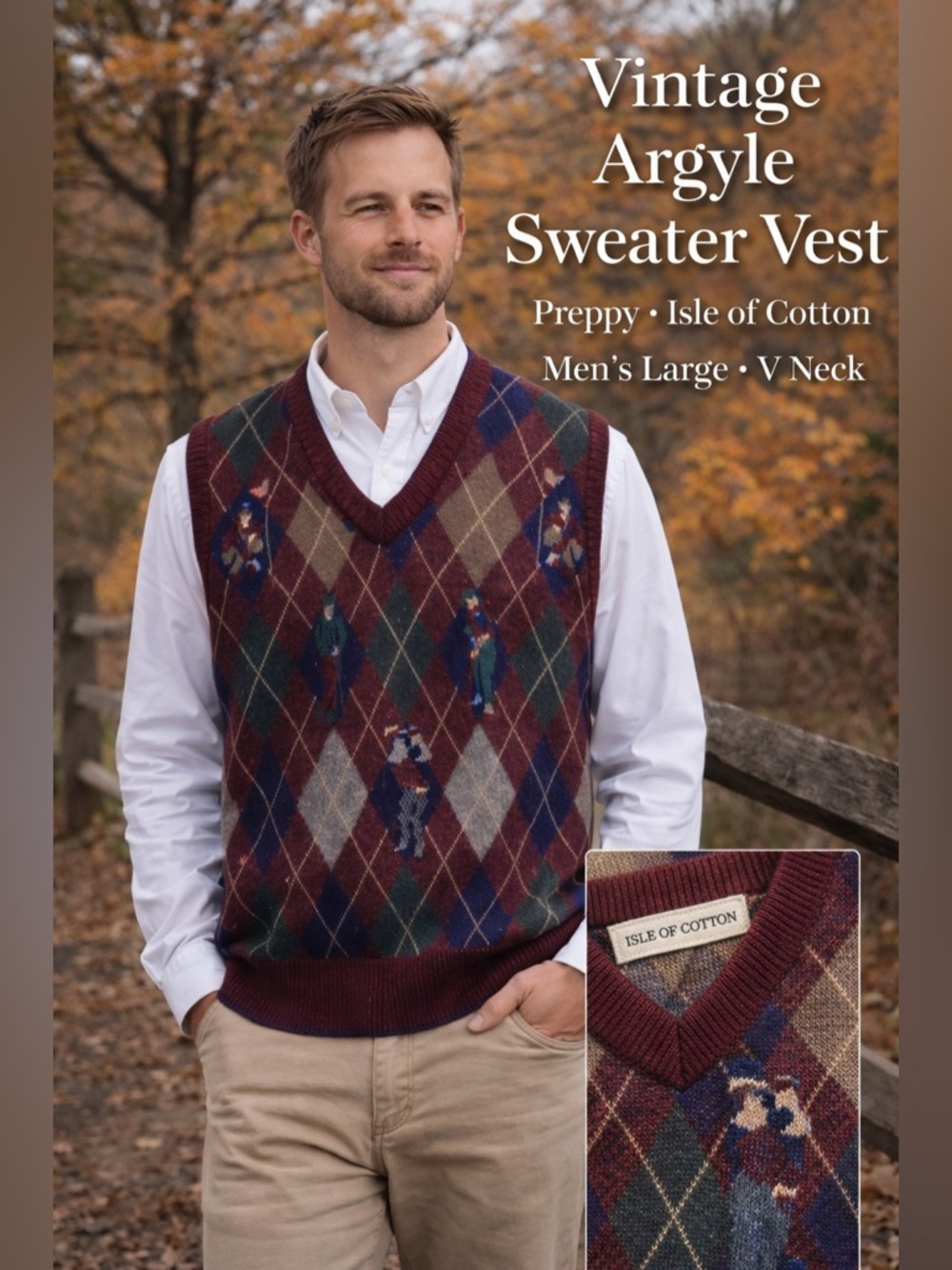 Vintage‎ Isle of Cotton Argyle Sweater Vest Golf Preppy Grandpa Core Men’s Large